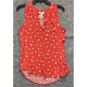 MARKET & SPRUCE Sleeveless Blouse Womens Small Coral White Floral V-Neck Stretch
